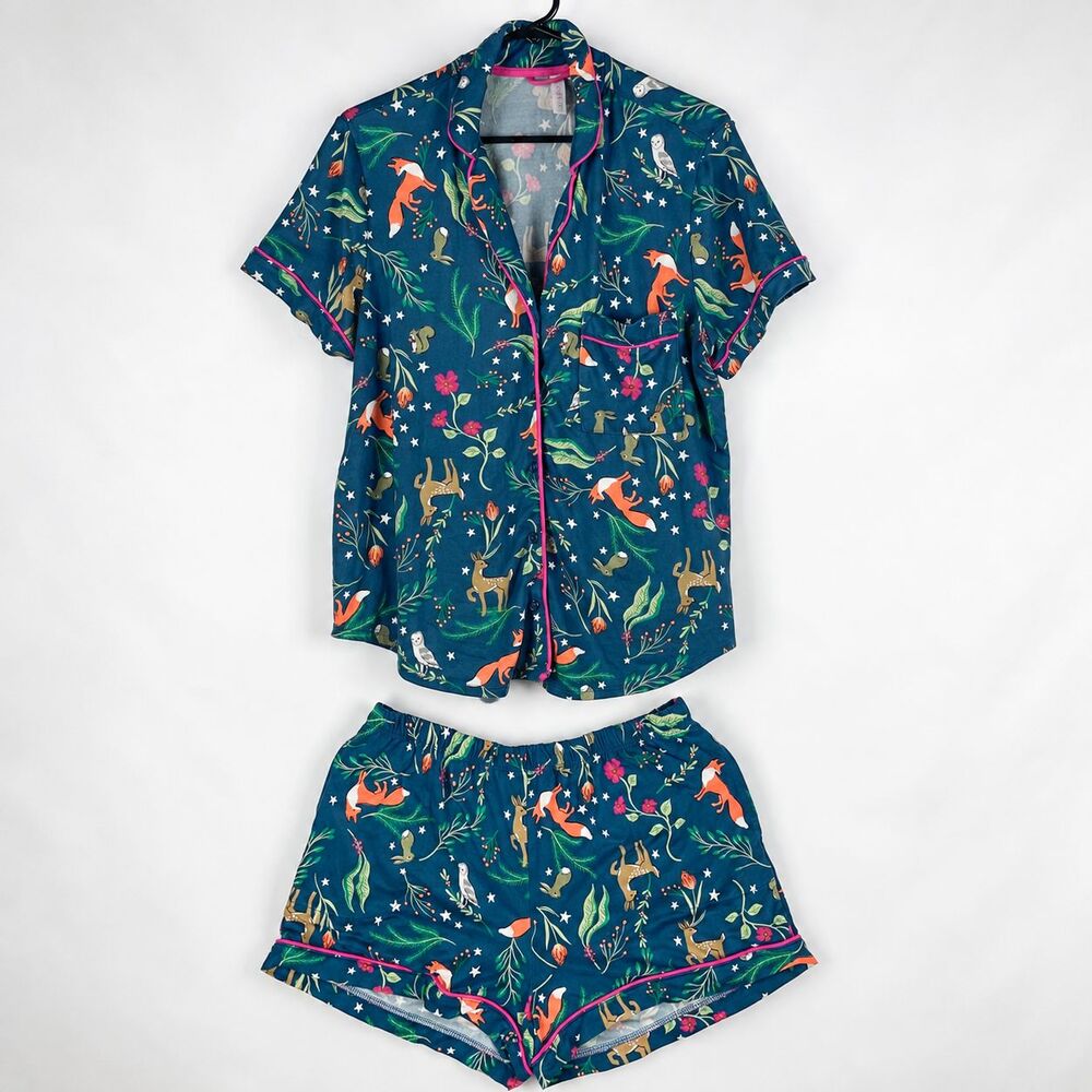 Joyspun Women's Pajama 2pc Set L 12-14 Woodland Animals Critters Fox Owl Deer